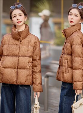 美拉德风立领短款羽绒服女冬季保暖小个子时尚外套橘色温柔高雅2