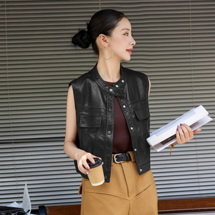 通勤风修身短款皮衣马甲女黑色无袖机车服时尚洋气百搭显瘦外套