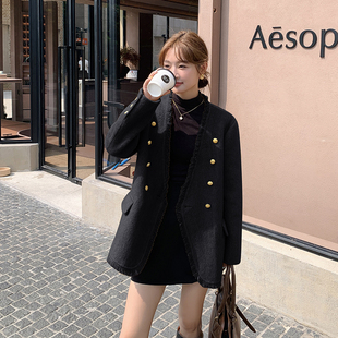 小香风黑色毛呢外套女短款双排扣流苏小个子气质显瘦西装