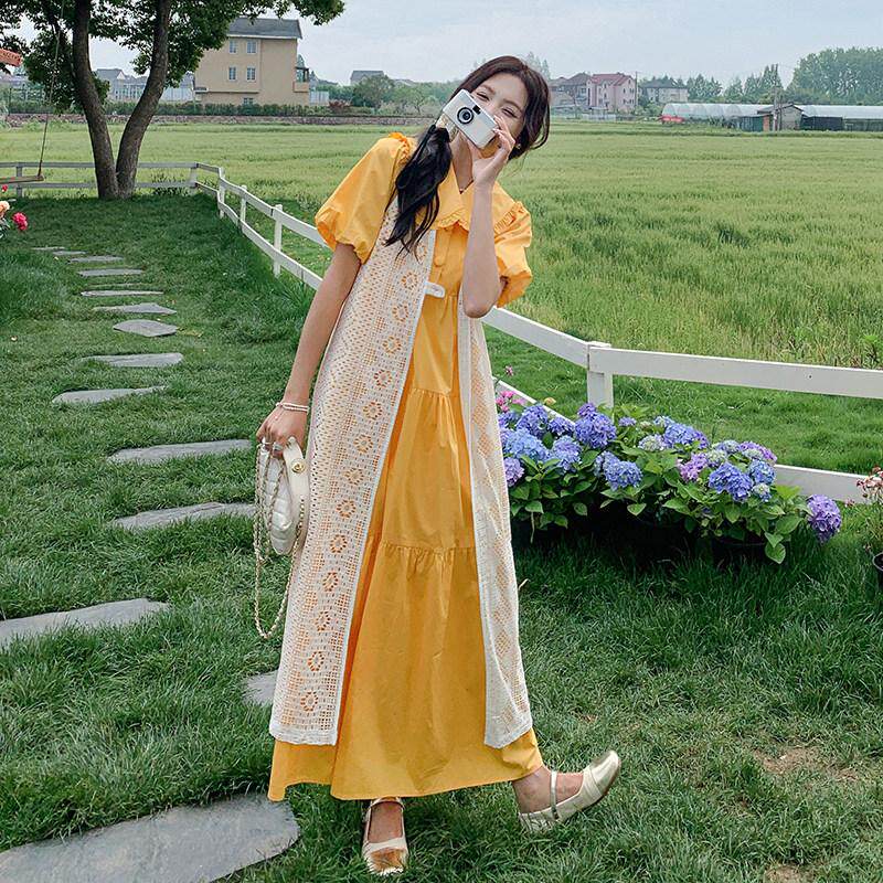 度假风黄色镂空罩衫连衣裙女夏季多巴胺两件套夏日花园风