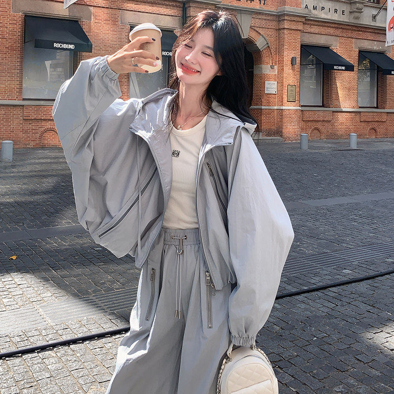 松弛感灰色连帽外套阔腿裤两件套女2025秋季韩版时尚套装