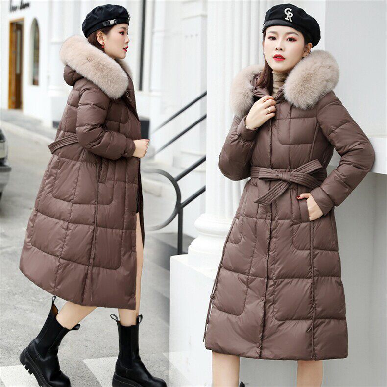 大毛领羽绒服女中长款收腰修身白鸭绒过膝外套冬装