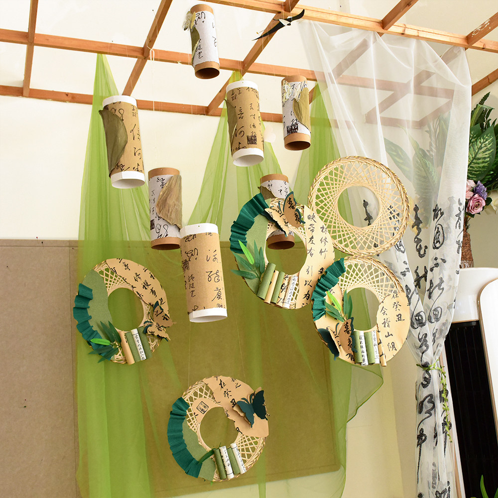 创意中式国风环创竹编纸筒挂饰幼儿园学校走廊区角美工主题材料