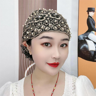 新款 方便家居头套女帽子 蕾丝钉珠包头帽遮白发头饰刺绣花朵妈妈款