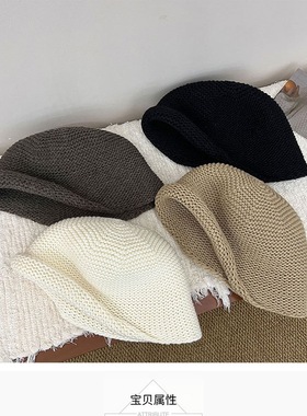 出口韩版羊毛针织卷边水桶帽子女秋冬复古咖色渔夫帽大头围盆帽潮