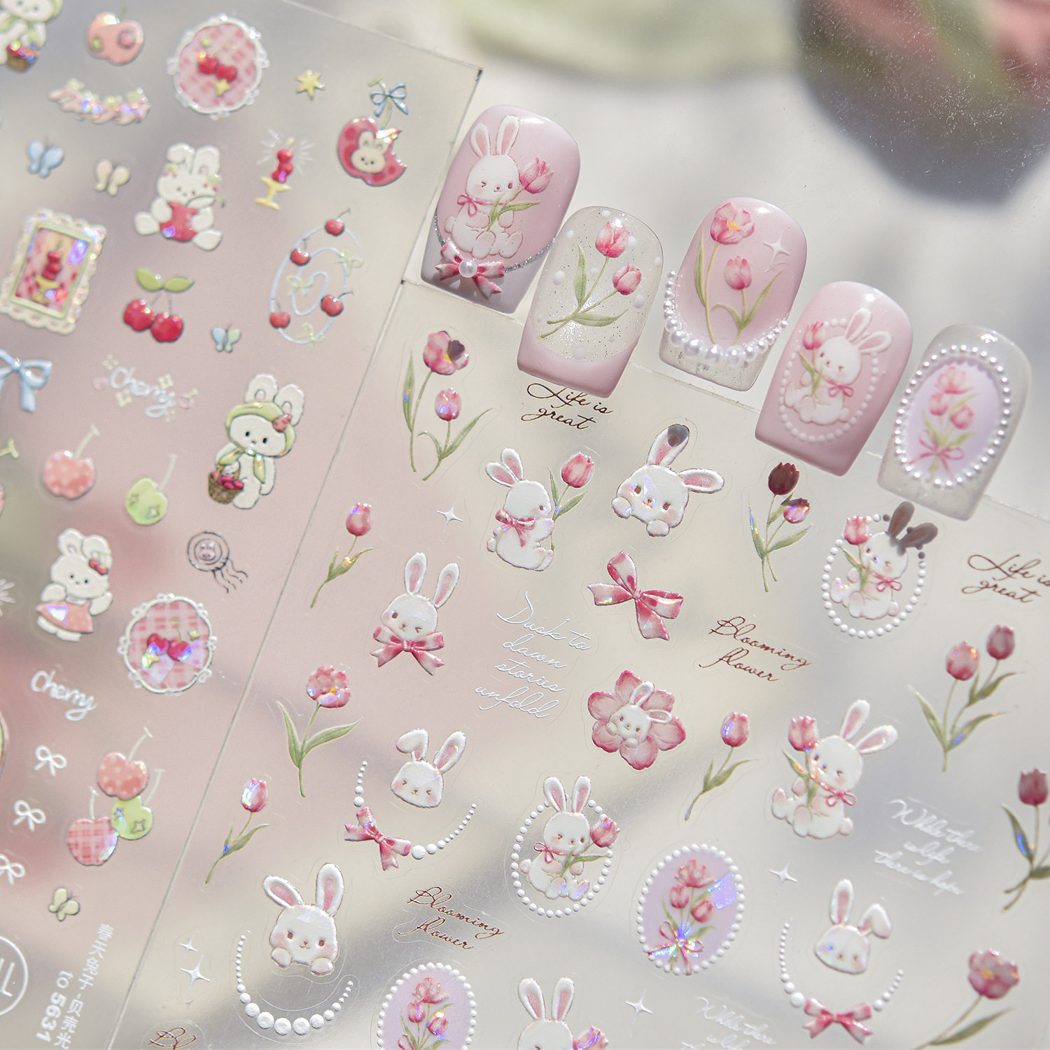 贝壳光春天小兔美甲贴纸2026新款浮雕3d立体 ins花束指甲贴纸饰品