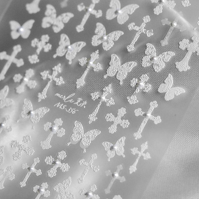 黑白蕾丝十字蝴蝶美甲贴tomoni