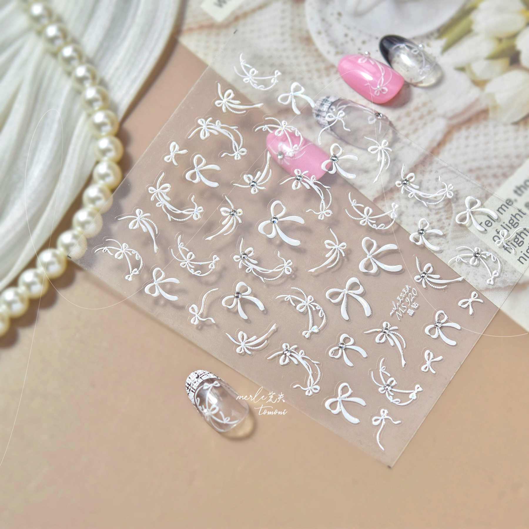 晶钻白色蝴蝶结美甲贴纸2026新款浮雕3d立体 ins风指甲贴纸装饰品
