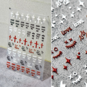 新款 浮雕背胶字母美甲贴纸搞怪鬼脸指甲贴纸甜酷风红色十字架贴饰