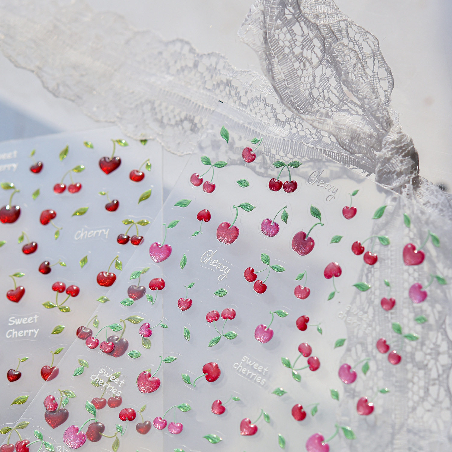 果冻粉红樱桃美甲贴纸2026新款浮雕3d立体 ins甜点指甲贴纸装饰品