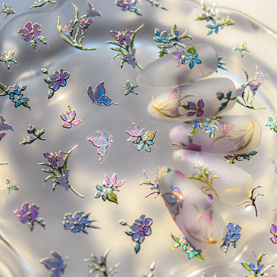 烫金花花蝴蝶美甲贴纸tomoni浮雕背胶鎏金兰花朵胶指甲贴纸装饰品