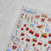 可爱野餐草莓猫美甲贴纸tomoni浮雕复古日系指甲贴纸爆款 美甲饰品