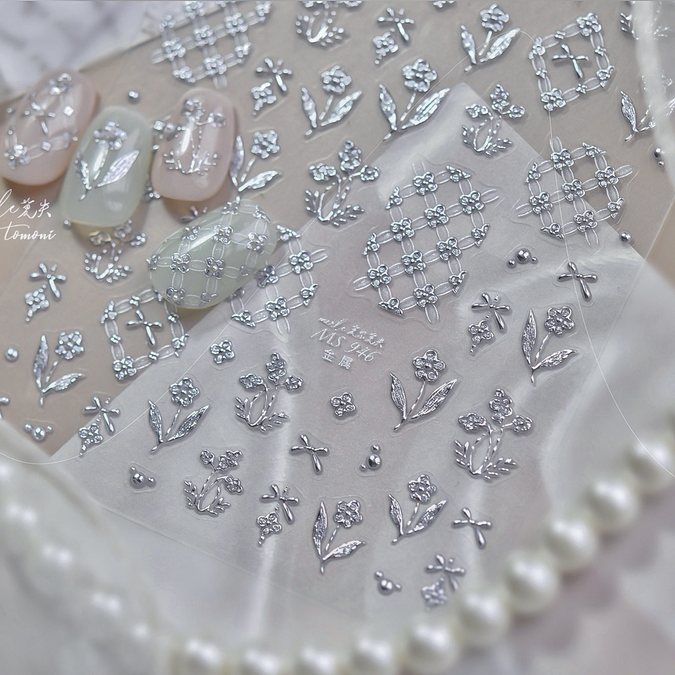 鎏金花朵美甲贴纸2026新款浮雕3d立体 ins金属银色花指甲贴纸饰品