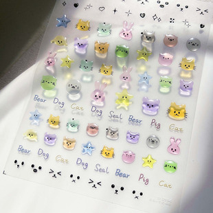 果冻萌萌小熊兔子猫咪美甲贴纸tomoni背胶小可爱指甲贴纸美甲饰品