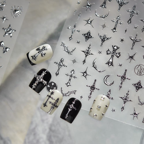 哥特十字架星月美甲贴纸浮雕装饰