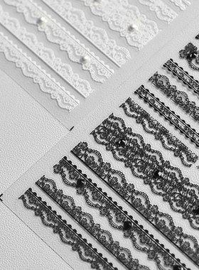 晶钻黑白色蕾丝条纹美甲贴纸tomoni浮雕透色指甲贴纸日系美甲饰品