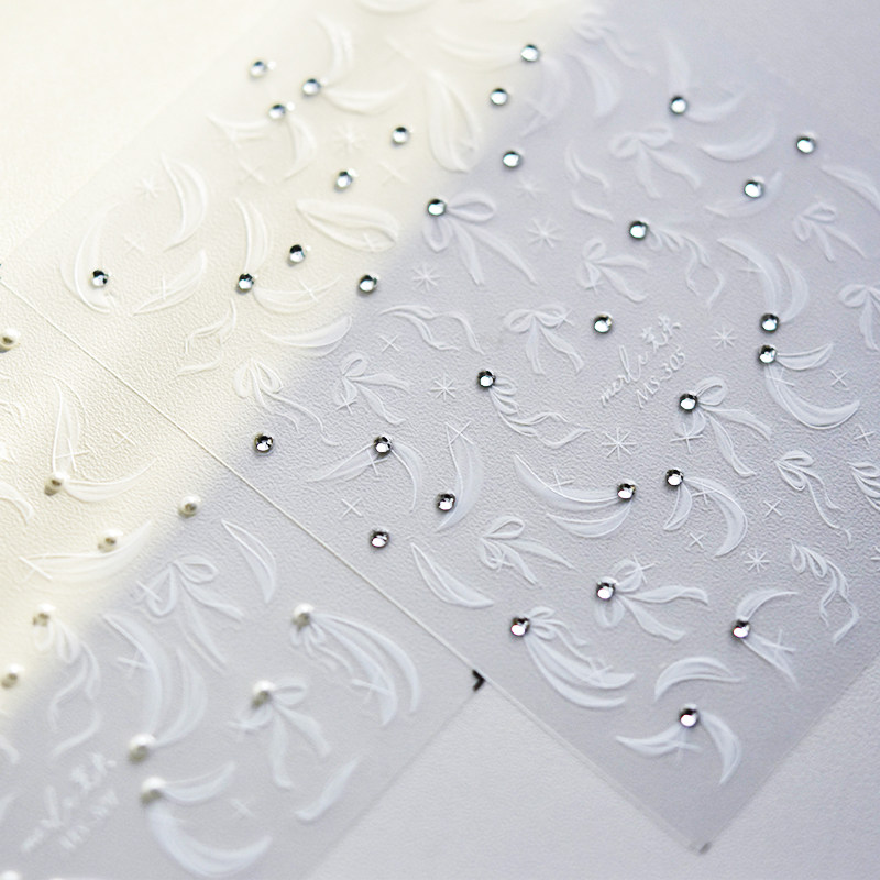 透色白丝蝴蝶结飘带美甲贴纸tomoni晶钻指甲贴纸日系玫瑰美甲饰品