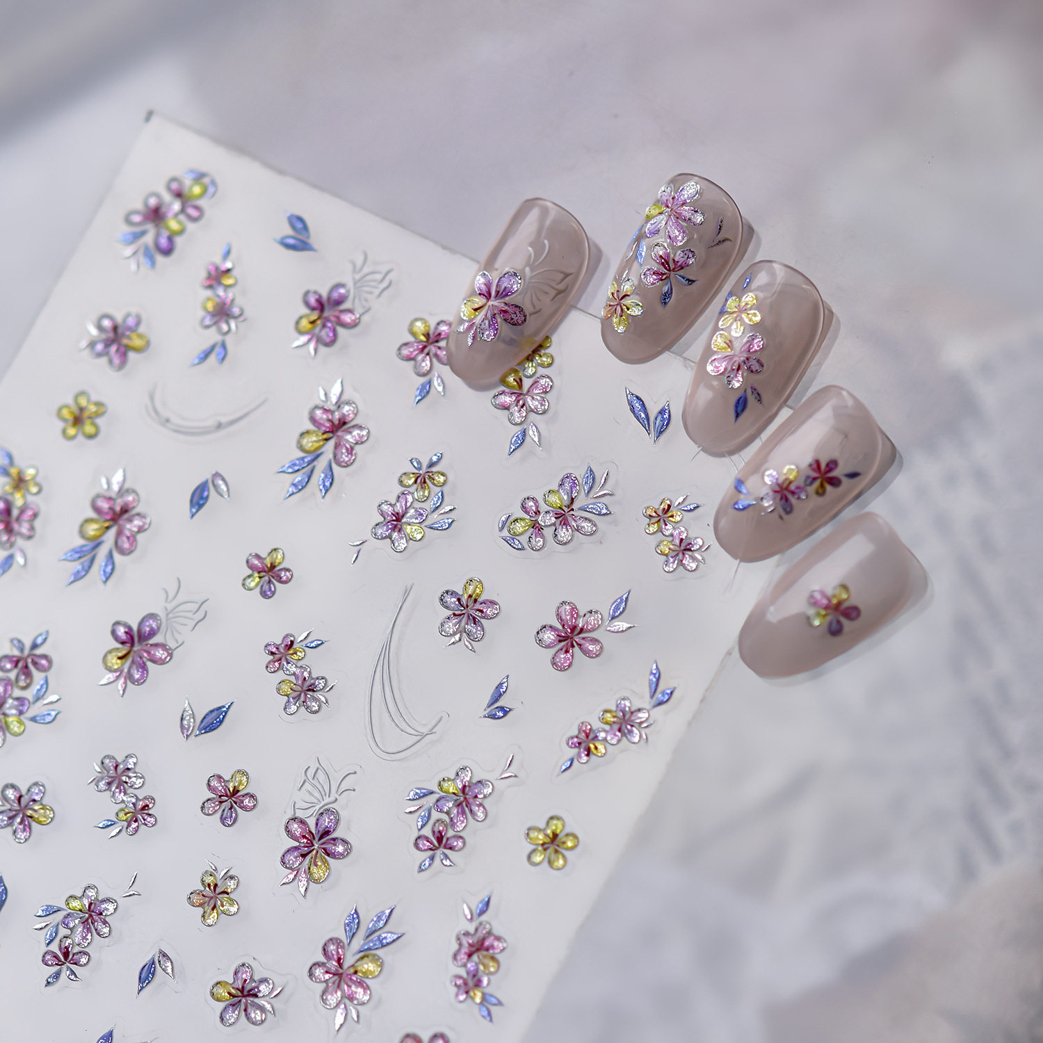 果冻粉色花语美甲贴纸2026新款浮雕3d立体 ins花朵指甲贴纸装饰品