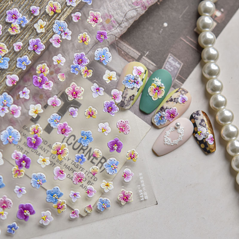 国风蝴蝶兰美甲贴纸浮雕新款3d网红5d立体复古花卉指甲贴纸装饰品