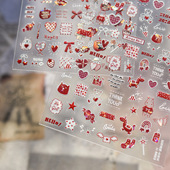 可爱红色涂鸦美甲贴纸2026新款 浮雕3d立体儿童小孩指甲贴纸装 饰品