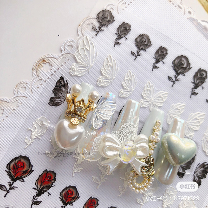 黑白蝴蝶玫瑰花美甲贴纸tomoni浮雕茉纪立体日系5d指甲贴美甲饰品