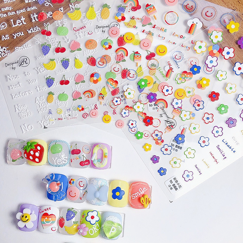 水果派彩虹小花美甲贴纸tomoni背胶浮雕5D日系指甲贴纸可爱装饰品