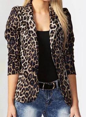 leopard notched print female slim coats button jacket