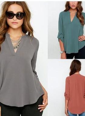 Shirt Chiffon Loose Sleeve Ruffle Sleeves Long V-Neck Size