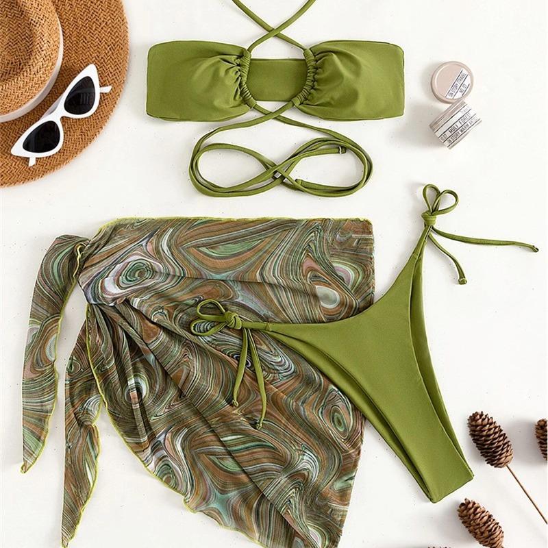 Three piece sexy bikini push up skirt swimsuit set double
