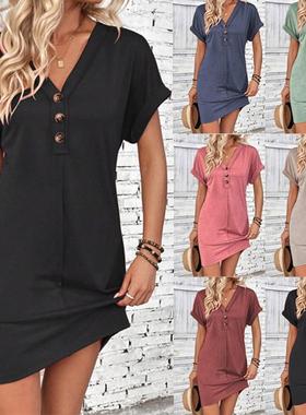 Summer womens fashion all-match buckled V-neck raglan