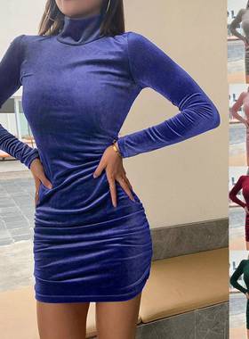 Fashion long-sleeved slim dress high collar shrunk suede