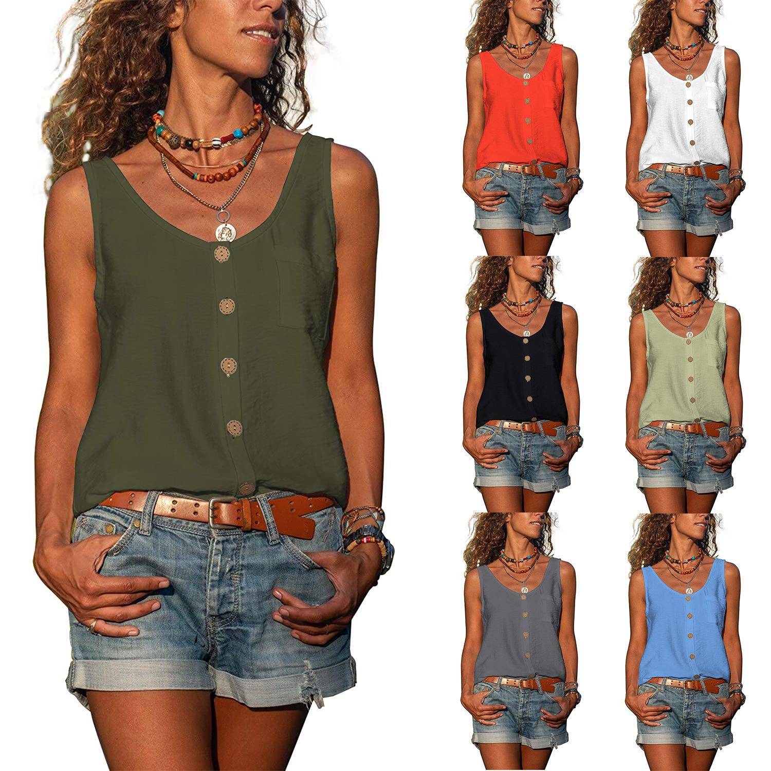 women for pocket sleeveless shirt vest button-down V-neck