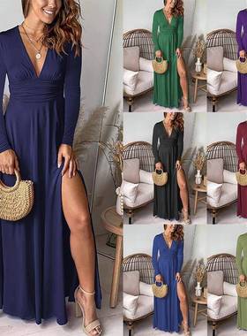 -necked long-sleeved dress wrinkled high-waisted forked