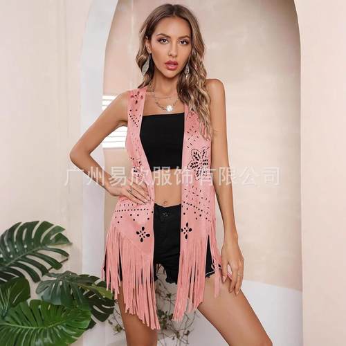 Personalized Womens Tassel Sleeve Vest Hollow Front Placket