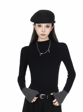 黑色半高领毛衣女拼接设计感2025秋冬小个子修身显瘦内搭打底衫