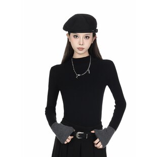 黑色半高领毛衣女拼接设计感2025秋冬小个子修身显瘦内搭打底衫
