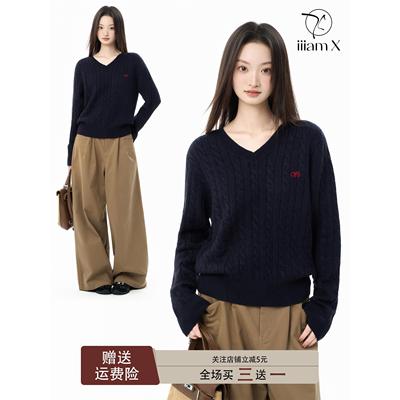 amX藏青色v领麻花毛衣女