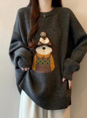 灰色巨好看针织衫毛衣女2025超火冬大码胖mm宽松中长款遮屁股上衣
