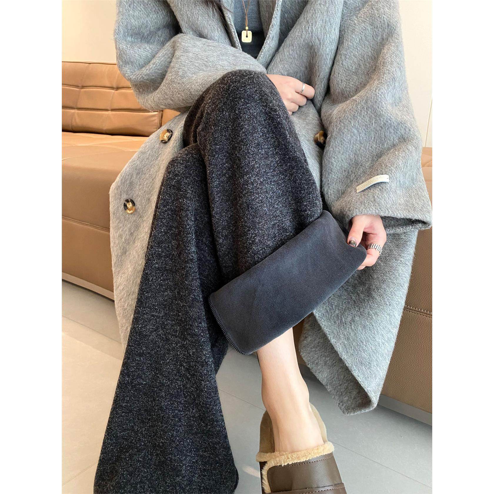 灰色加绒裤子女秋冬2025新款加厚保暖垂感软糯休闲直筒糯米阔腿裤