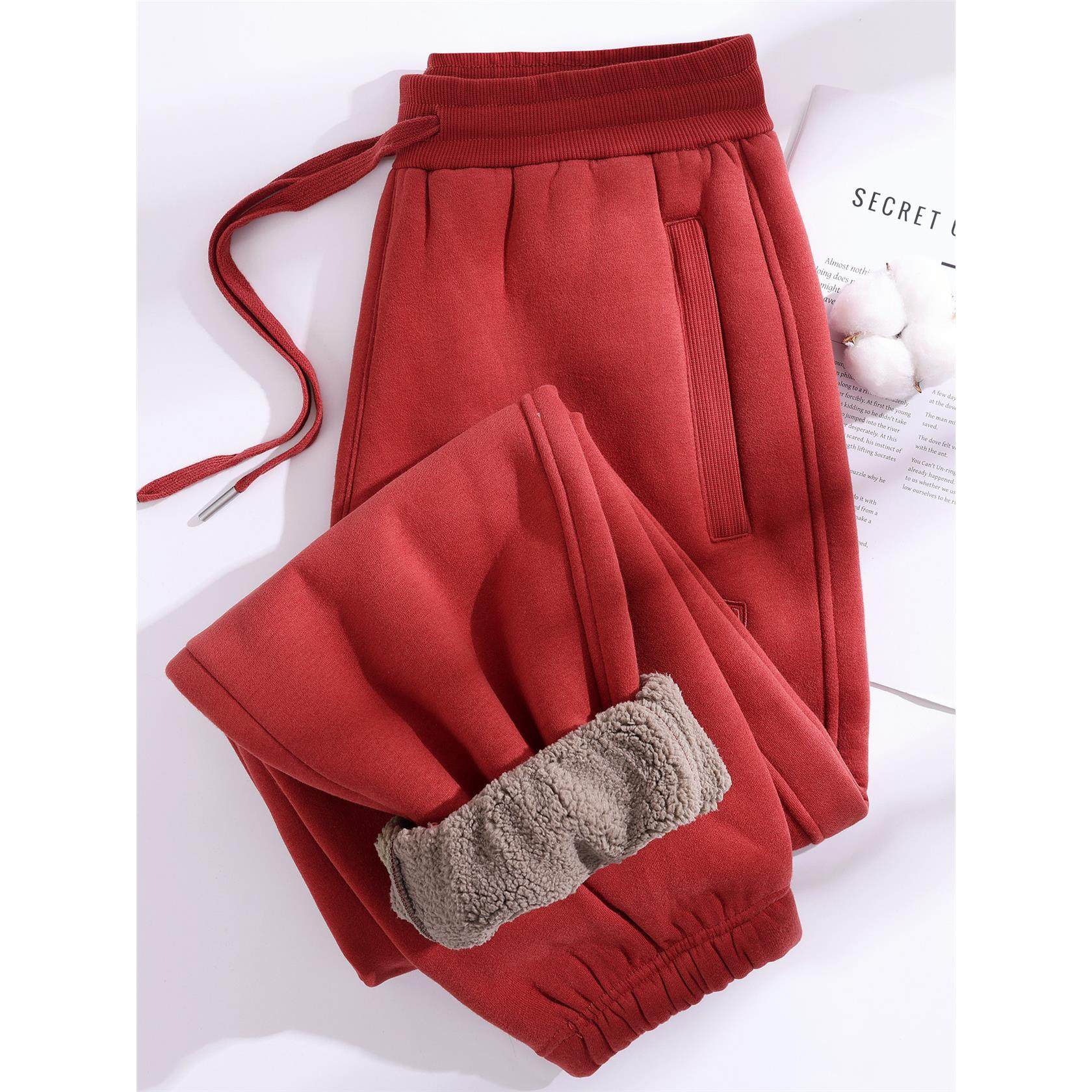 羊羔绒加绒加厚休闲卫裤女冬季2025新款砖红色外穿保暖御寒长裤子