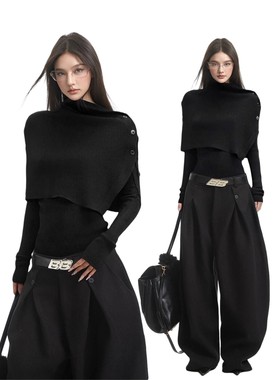 iamxiaa黑色斗篷针织衫毛衣真两件可拆卸披肩修身打底衫内搭上衣