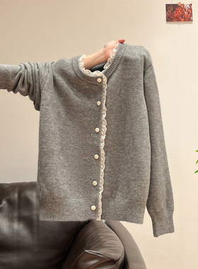 灰色圆领蕾丝针织开衫女长袖纽扣毛衣外套秋冬慵懒内搭打底衫上衣