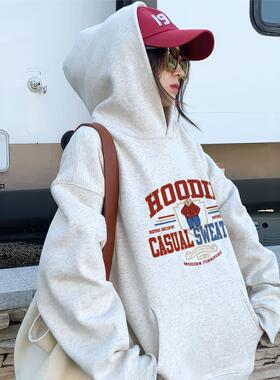 白灰色连帽卫衣女2025新款爆款秋冬季加绒加厚超好看单穿美式上衣