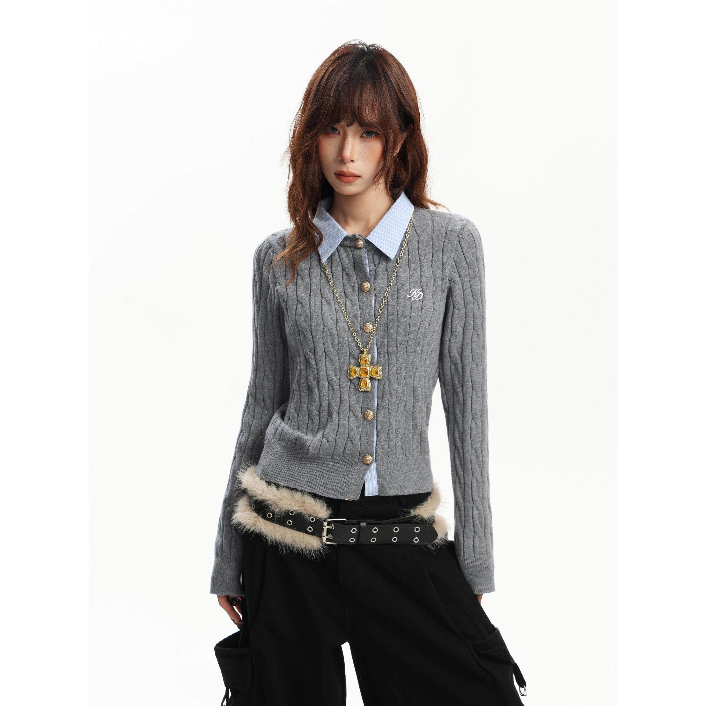 美式灰色麻花polo领假两件长袖针织开衫女秋冬季修身短款毛衣上衣