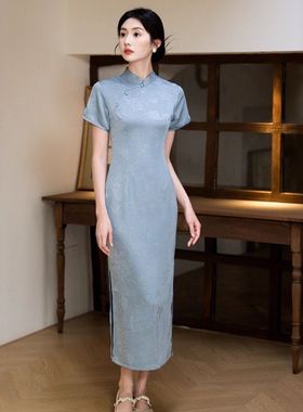 苏州蓝色旗袍女喜婆婆婚宴装2025新款礼服妈妈夏季新中式改良平时