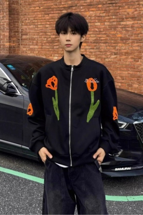 网图美式植绒刺绣棒球服夹克外套男郁金香花卉上衣男B1021-特P66，男装夹克，星座1007（原301D）