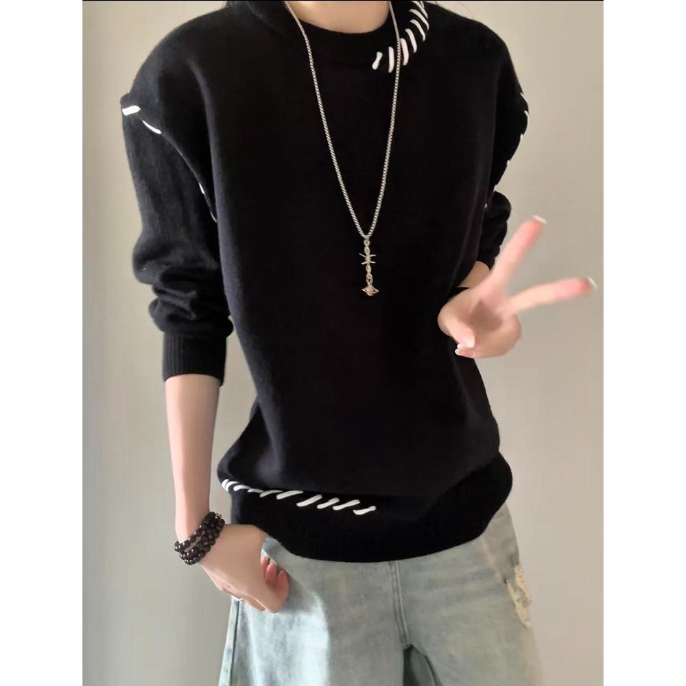 网图美式潮流拼接圆领毛衣男秋冬季宽松百搭针织衫MY3309-特P60，男装针织衫/毛衣，星座1007（原301D）