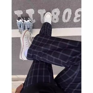 何以至此微喇格子裤男款式复古弯刀裤子直筒cleanfit运动休闲裤图片