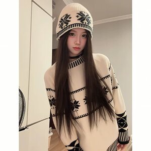 网图圆领毛衣男女费尔岛宽松套头针织毛线帽子两件套MY861-特P55图片