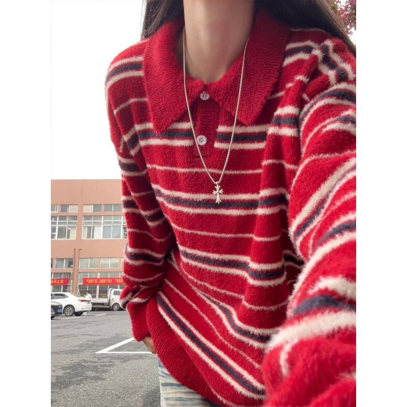 网图红色海马毛毛衣男撞色翻领条纹针织衫美式毛线衣RZ08-特P55，男装针织衫/毛衣，星座1007（原301D）